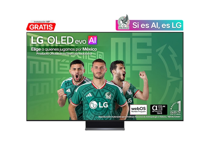 La vista frontal de la LG OLED evo AI C6, lanzada en 2026, presenta un bisel negro delgado, con un vívido y esculpido remolino de tonos arcoíris en capas que fluyen por la pantalla.